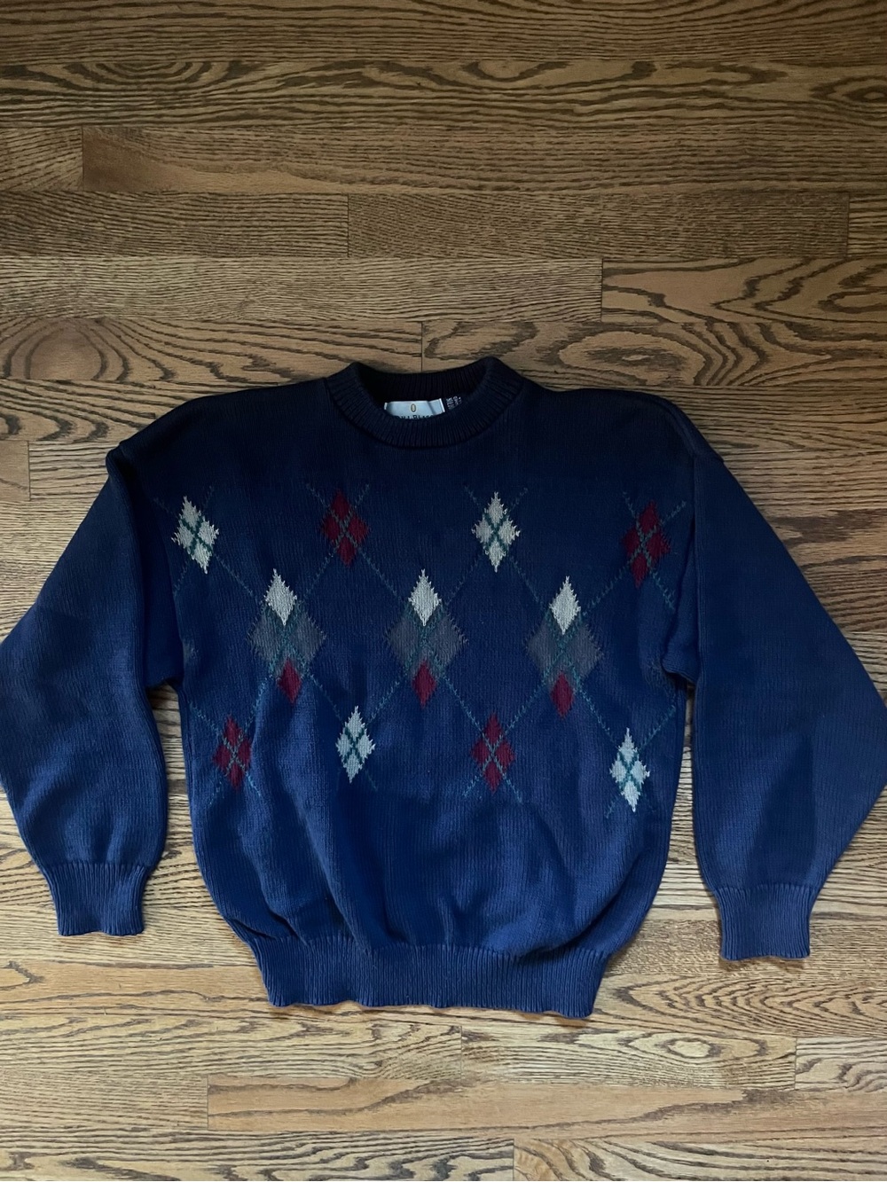 Bill Blass  Men’s Navy Argyle Crewneck Sweater  Made in USA 100% Cotton Vintage
